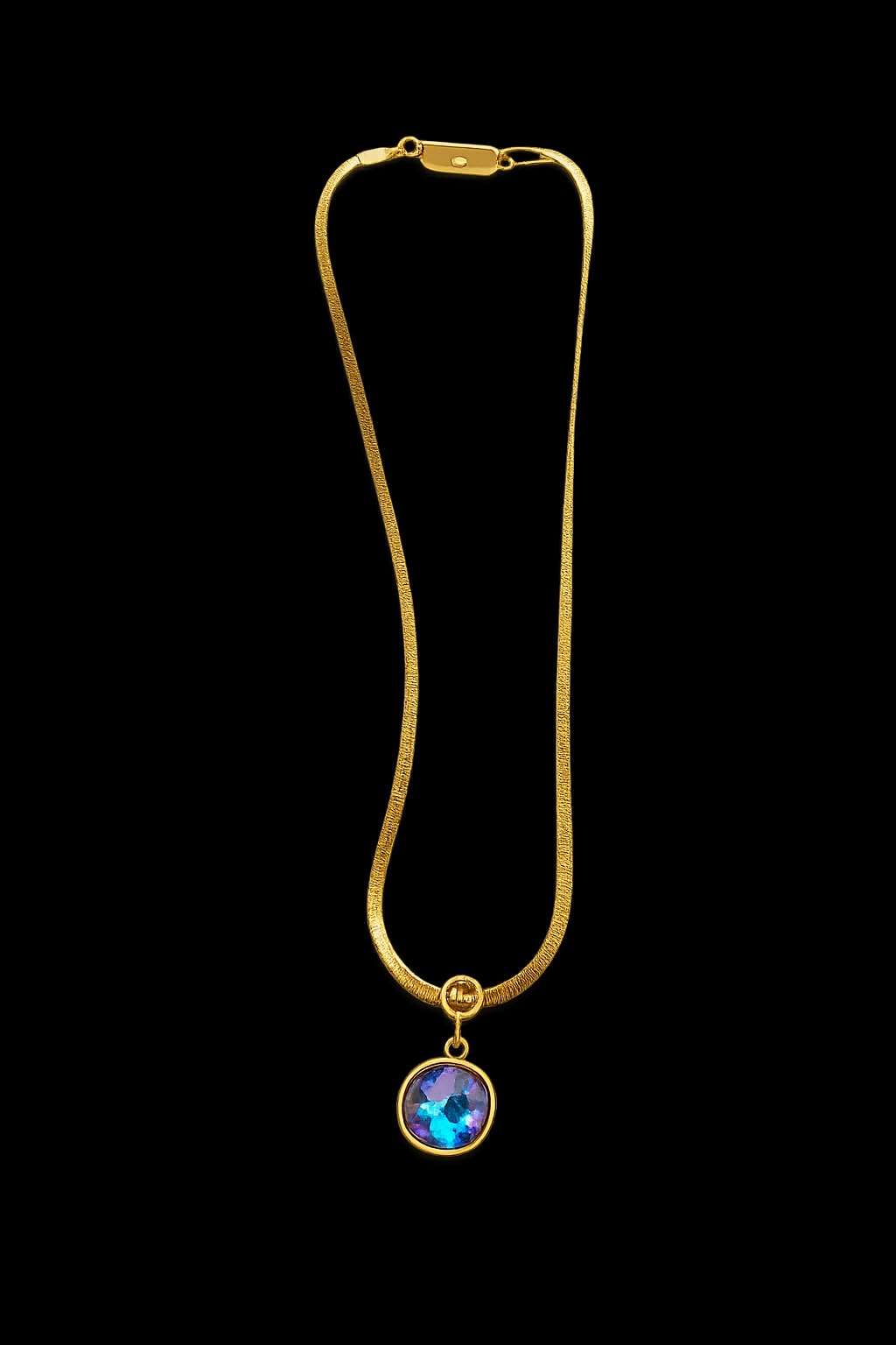 Gold Herringbone Necklace with Aurora Crystal Pendant