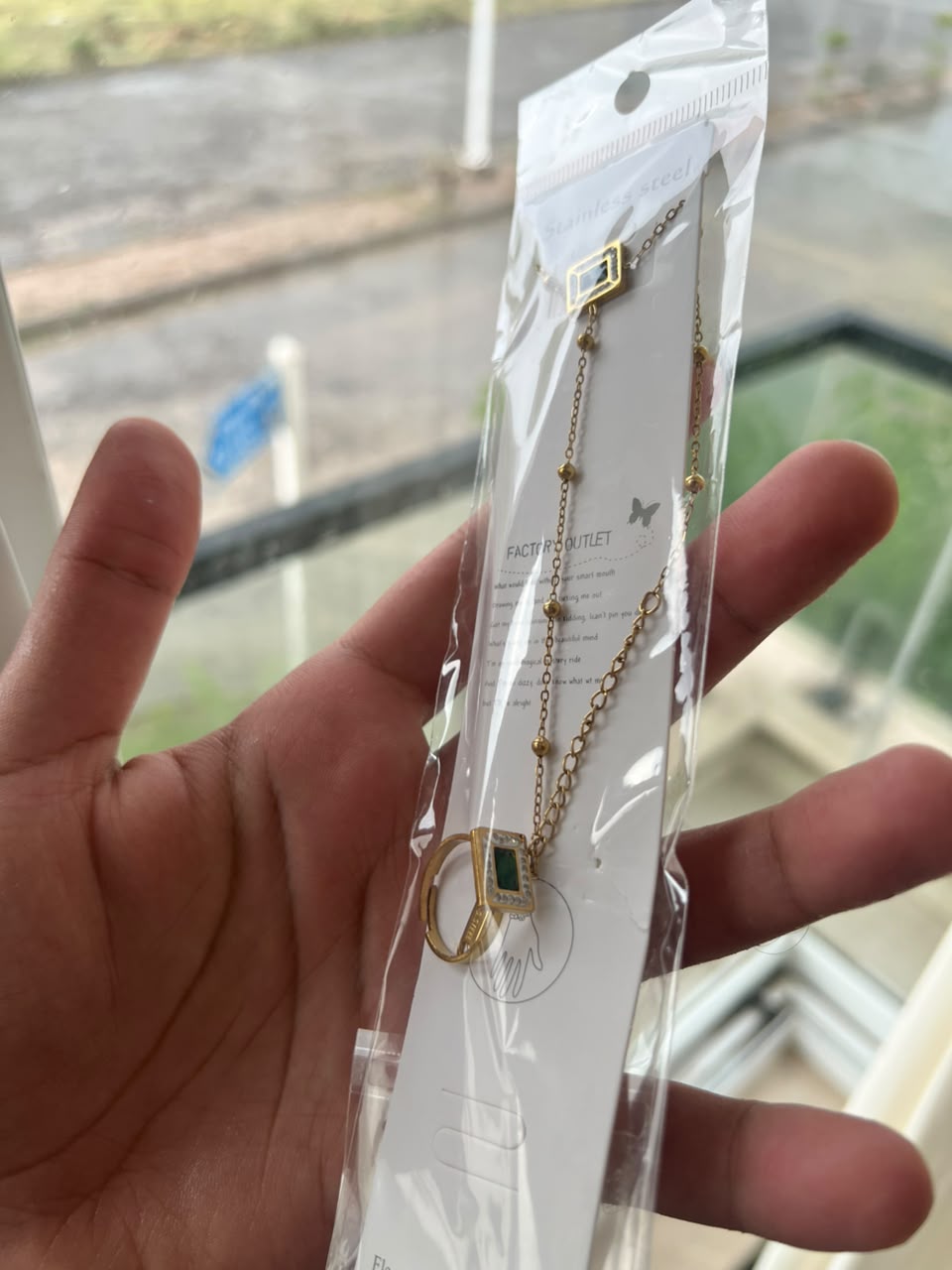 Luxury Emerald Green Crystal Necklace & Ring Set | Gold-Tone Stainless Steel Jewelry